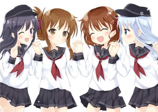Anime picture 1274x906 with kantai collection hibiki destroyer akatsuki destroyer inazuma destroyer ikazuchi destroyer maccha long hair blush fringe open mouth blue eyes black hair simple background smile hair between eyes brown hair standing white background purple eyes multiple girls