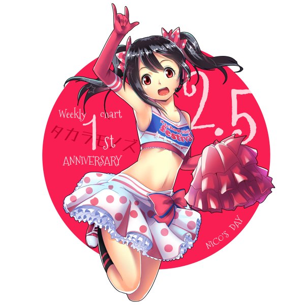 Anime picture 1200x1200 with love live! school idol project sunrise (studio) love live! yazawa nico hitsuji (hitsuji kikaku) single looking at viewer short hair open mouth black hair red eyes twintails bare belly armpit (armpits) midriff short twintails cheerleader mmm girl skirt