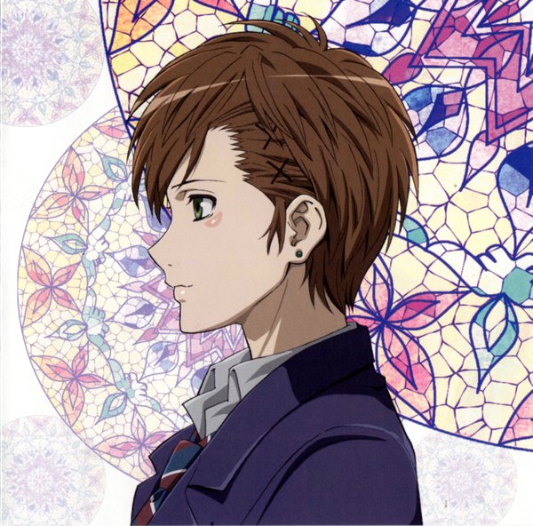 Anime picture 1619x1600 with zetsuen no tempest studio bones takigawa yoshino tagme (artist) single short hair brown hair green eyes looking away profile piercing boy hair ornament earrings hairclip jewelry x hair ornament