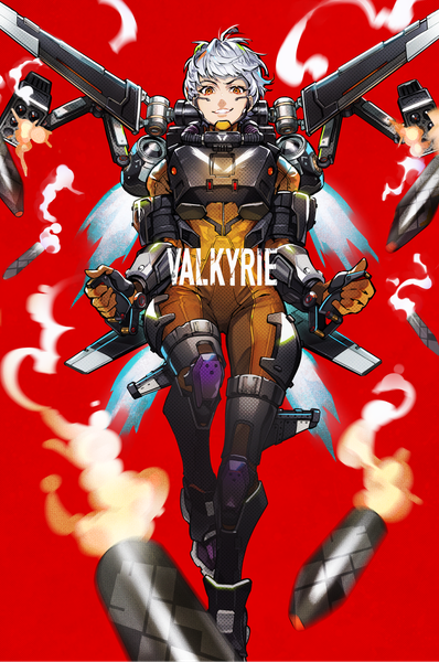 Anime picture 1128x1700 with apex legends valkyrie (apex legends) mika pikazo single tall image looking at viewer short hair simple background smile silver hair full body official art orange eyes character names grin flying red background girl bodysuit missile