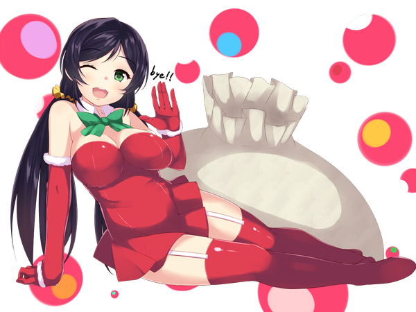 Anime picture 1500x1125 with love live! school idol project sunrise (studio) love live! toujou nozomi ponkotsu (ayarosu) single long hair blush breasts open mouth light erotic black hair green eyes one eye closed wink transparent background girl thighhighs dress gloves