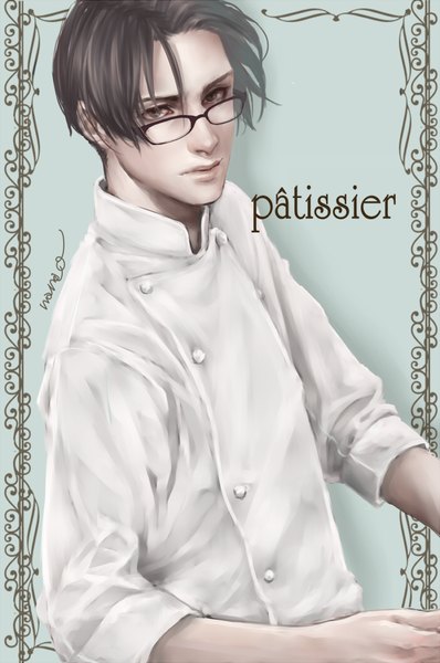 Anime picture 700x1055 with original nanao (artist) single tall image looking at viewer short hair brown hair signed realistic inscription grey eyes chef cook chef uniform boy uniform glasses