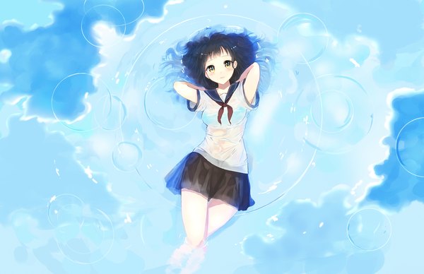 Anime picture 3863x2500 with original applepie single long hair looking at viewer blush fringe highres breasts light erotic brown eyes absurdres sky cloud (clouds) lying blunt bangs parted lips pleated skirt lips grey hair