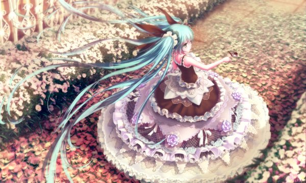 Anime-Bild 5000x3000 mit vocaloid hatsune miku m.xka single highres wide image twintails green eyes looking away absurdres very long hair wind aqua hair girl dress flower (flowers) ribbon (ribbons) hair ribbon frills insect