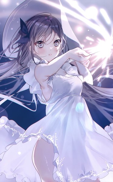 Anime picture 1871x3008 with original miwano rag single long hair tall image looking at viewer blush fringe highres hair between eyes brown hair standing holding outdoors parted lips scan arms up grey eyes sleeveless frilled dress