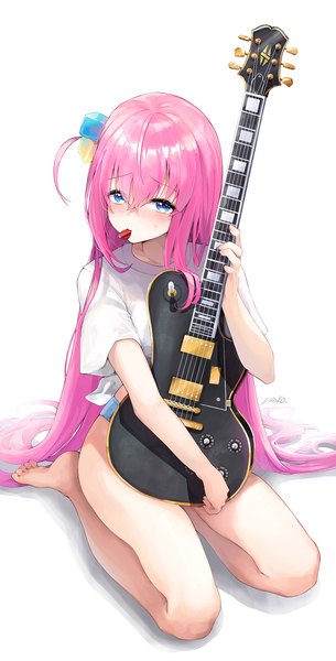 Anime picture 1098x2160 with bocchi the rock! cloverworks gotou hitori pistachiocream single long hair tall image blush fringe blue eyes light erotic simple background hair between eyes white background sitting holding pink hair barefoot bare legs embarrassed