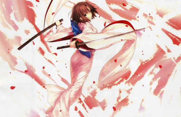 Anime picture 10639x6869 with kara no kyoukai type-moon ryougi shiki takeuchi takashi single looking at viewer fringe highres short hair brown hair standing holding brown eyes absurdres long sleeves traditional clothes japanese clothes looking back scan wide sleeves