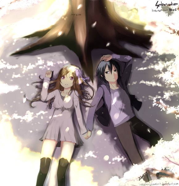 Anime picture 2900x3000 with x shirou kamui monou kotori hews long hair tall image highres black hair blonde hair purple eyes lying from above sunlight couple holding hands girl thighhighs dress boy bow
