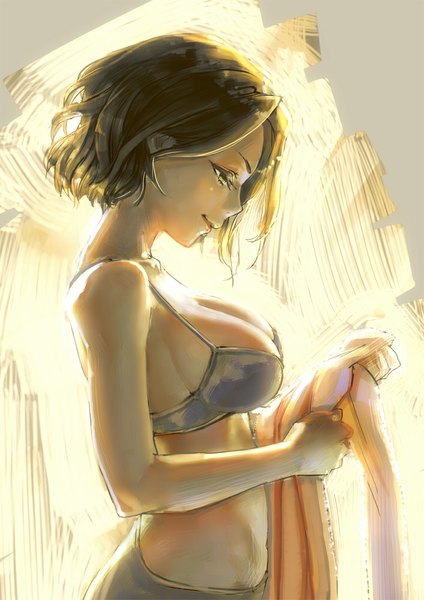 Anime picture 707x1000 with original aro (charged time out) single tall image short hair breasts light erotic brown hair large breasts brown eyes profile shiny skin sideboob looking down light girl underwear clothes