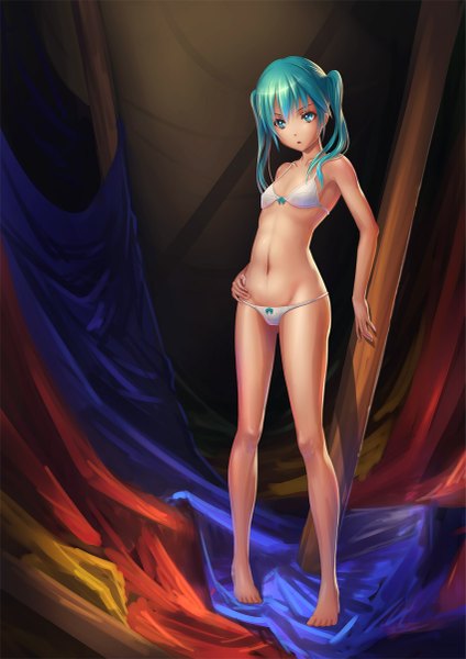 Anime picture 849x1200 with vocaloid hatsune miku pinakes single long hair tall image looking at viewer breasts light erotic standing twintails bare shoulders barefoot aqua eyes aqua hair bare legs hand on hip underwear only flat chest girl