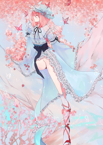 Anime picture 650x909 with touhou saigyouji yuyuko issel single tall image fringe short hair light erotic hair between eyes sitting pink hair full body bent knee (knees) outdoors eyes closed nail polish profile wide sleeves arm support cherry blossoms