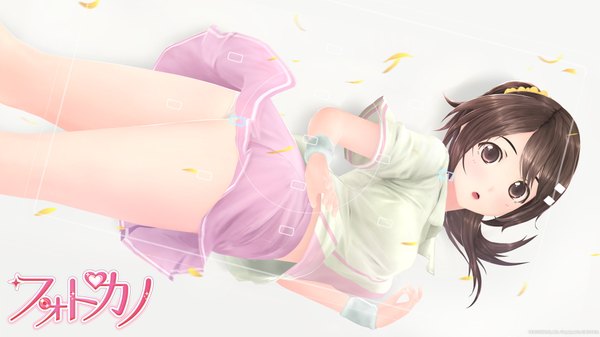 Anime picture 1920x1080 with photokano niimi haruka single long hair looking at viewer highres brown hair wide image white background brown eyes girl skirt uniform miniskirt petals gym uniform tennis uniform