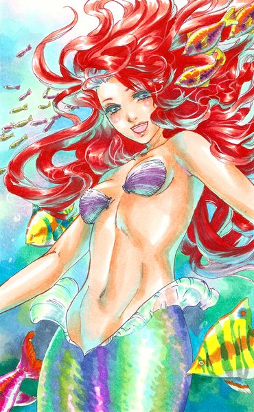 イラスト 644x1044 と the little mermaid ディズニー ariel hart-coco ソロ 長髪 長身像 カメラ目線 赤面 開いた口 light erotic 笑顔 赤髪 aqua eyes from below underwater 女の子 へそ 魚 mermaid