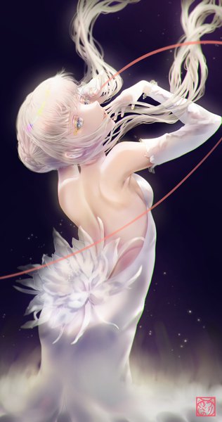 Anime picture 2105x4000 with original yuubarish single long hair tall image looking at viewer fringe highres breasts open mouth blue eyes simple background standing signed white hair nail polish fingernails light smile from behind arms up