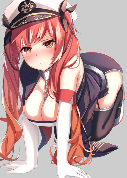 Anime picture 1295x1812 with azur lane honolulu (azur lane) takaya yuki single long hair tall image looking at viewer blush fringe breasts light erotic simple background large breasts twintails brown eyes cleavage full body red hair off shoulder grey background