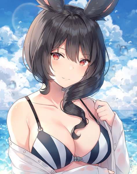 Anime picture 932x1181 with final fantasy final fantasy xiv square enix viera ayuanlv single long hair tall image looking at viewer blush fringe breasts light erotic black hair smile hair between eyes red eyes standing bare shoulders signed