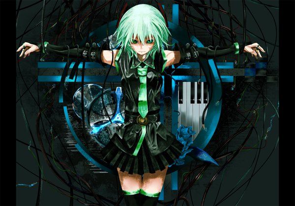 Anime picture 1500x1045 with vocaloid hatsune miku short hair green eyes green hair spread arms girl thighhighs detached sleeves miniskirt necktie wire (wires) piano