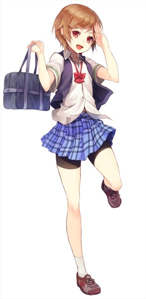 Anime picture 684x1400 with original paseri single tall image looking at viewer fringe short hair open mouth simple background blonde hair red eyes white background holding full body :d short sleeves plaid skirt happy salute girl