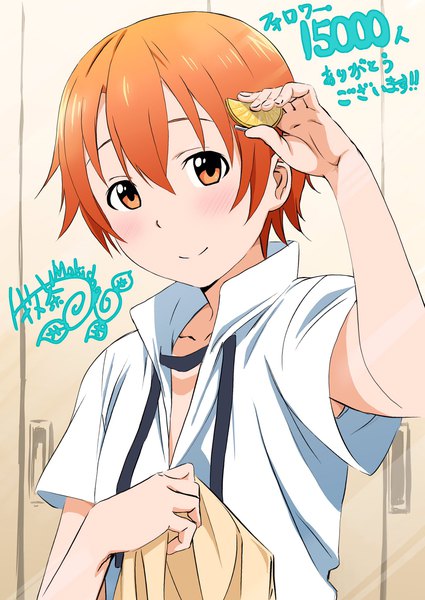 Anime picture 1450x2048 with working!! a-1 pictures inami mahiru pink x single tall image looking at viewer fringe short hair smile hair between eyes holding signed upper body orange hair short sleeves orange eyes partially open clothes thank you milestone celebration