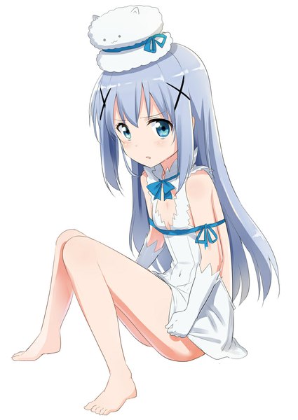 Anime picture 752x1062 with gochuumon wa usagi desu ka? white fox kafuu chino gotyou single long hair tall image looking at viewer blush fringe blue eyes light erotic simple background white background sitting bare shoulders blue hair parted lips barefoot covering