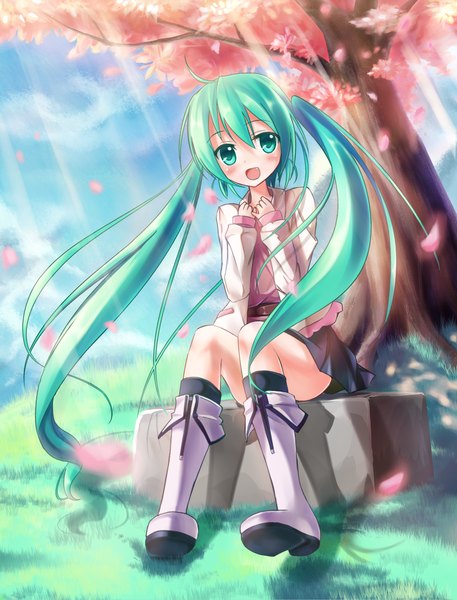 Anime picture 1900x2495 with vocaloid hatsune miku zi se single long hair tall image blush highres open mouth smile twintails green eyes ahoge green hair cherry blossoms hands clasped girl plant (plants) petals tree (trees)