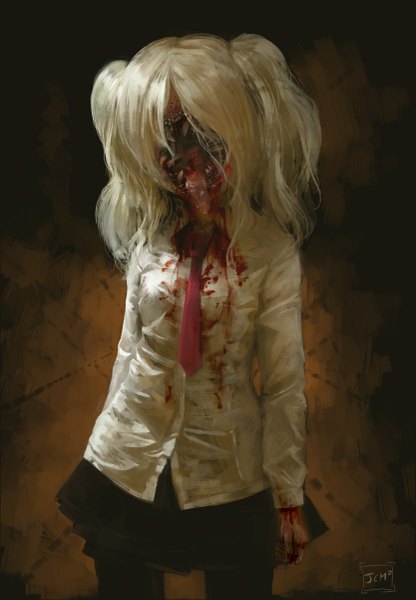Anime picture 833x1200 with .flow kaibutsu jcm2 single long hair tall image open mouth signed white hair teeth two side up sharp teeth blood stains no face horror girl skirt uniform school uniform miniskirt
