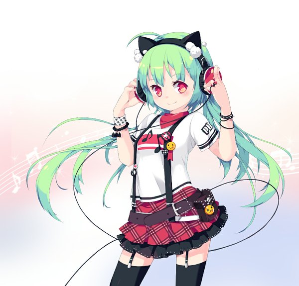 Anime picture 1106x1060 with original mahz (artist) single long hair looking at viewer blush smile red eyes ahoge green hair hand on headphones girl thighhighs skirt black thighhighs headphones garter straps
