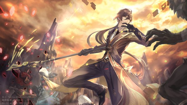 Anime picture 1920x1080 with genshin impact zhongli (genshin impact) hilichurl (genshin impact) fuyuni0307 fringe highres hair between eyes brown hair wide image looking away bent knee (knees) very long hair low ponytail rock battle boy weapon spear