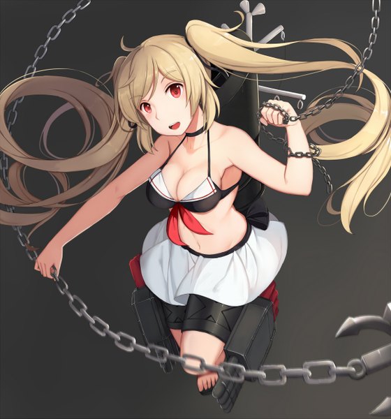Anime picture 1200x1285 with kantai collection murasame destroyer yingji (zszero) single long hair tall image breasts open mouth light erotic blonde hair red eyes twintails girl navel weapon chain bikini top