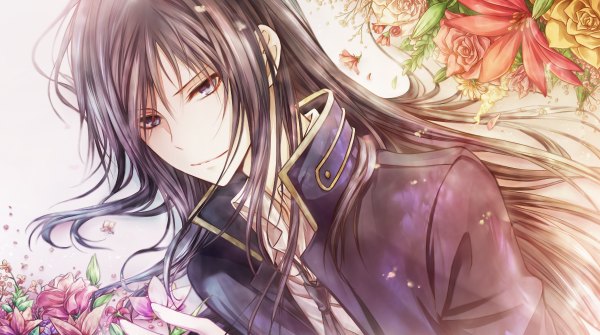 Anime picture 1200x670 with k-project gohands (studio) yatogami kuroh angel31424 single long hair looking at viewer blue eyes black hair smile wide image light smile wind alternate hairstyle boy flower (flowers) necktie leaf (leaves)