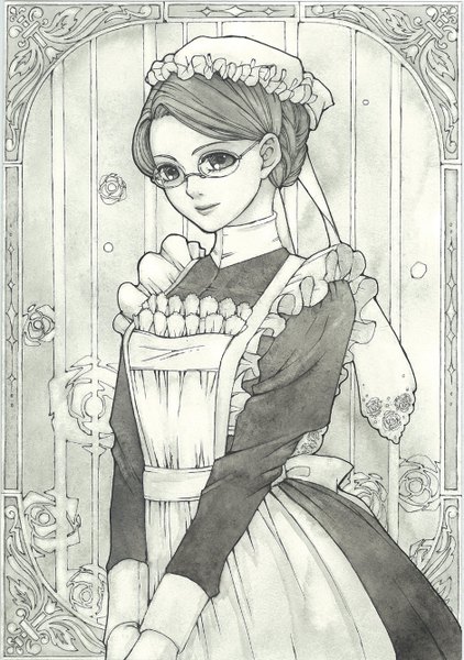 Anime picture 939x1334 with victorian romance emma studio pierrot emma (victorian romance emma) sayococco single tall image short hair light smile maid floral print looking down monochrome framed traditional media girl uniform glasses apron bonnet