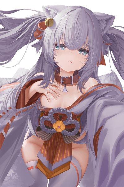 Anime picture 2835x4253 with original yaoku single long hair tall image looking at viewer fringe highres breasts light erotic simple background hair between eyes standing white background bare shoulders animal ears payot tail long sleeves traditional clothes