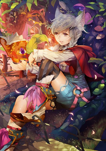 Anime picture 650x919 with original flowerchorus single tall image short hair open mouth sitting animal ears looking away braid (braids) grey hair grey eyes girl thighhighs book (books) cape knee boots single thighhigh