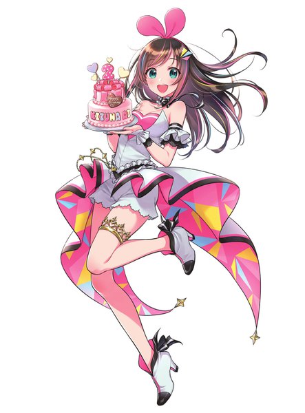 Anime picture 1419x1920 with virtual youtuber a.i. channel kizuna ai kizuna ai (anniversary) morikura en single long hair tall image looking at viewer blush fringe breasts open mouth simple background smile brown hair white background bare shoulders holding cleavage