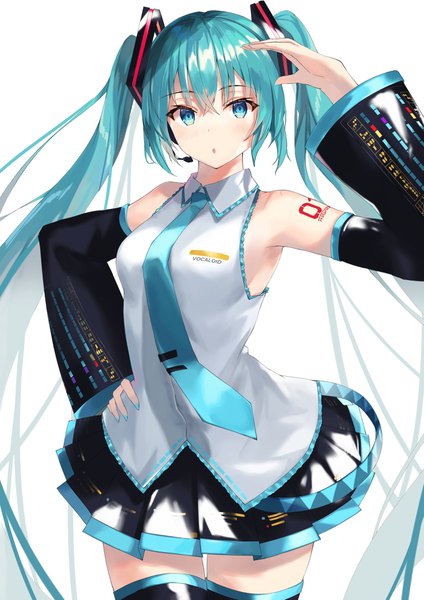 Anime-Bild 2894x4093 mit vocaloid hatsune miku motota single tall image looking at viewer highres blue eyes simple background standing white background twintails very long hair nail polish arm up aqua hair hand on hip aqua nail polish girl detached sleeves