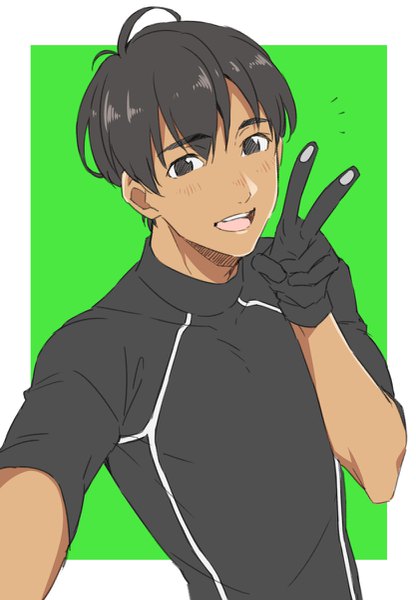 Anime picture 833x1200 with yuri!!! on ice mappa phichit chulanont natsuko (bluecandy) single tall image looking at viewer fringe short hair open mouth black hair simple background hair between eyes upper body ahoge black eyes dark skin victory framed green background
