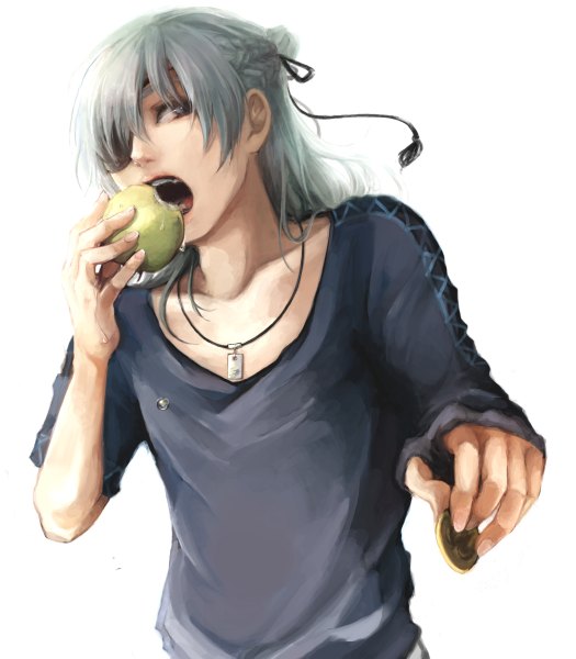 Anime picture 1050x1200 with the last story yurick (the last story) umaksak (artist) single tall image open mouth simple background white background aqua eyes aqua hair eating bandage over one eye boy pendant apple coin (coins)