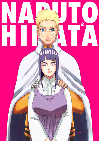 Anime picture 709x1003 with naruto studio pierrot naruto (series) uzumaki naruto hyuuga hinata atarple long hair tall image looking at viewer breasts blue eyes simple background blonde hair smile large breasts standing long sleeves fingernails lips alternate costume