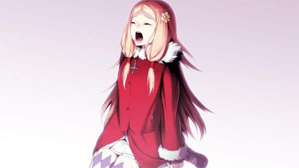 Anime picture 1024x576 with guilty crown production i.g ouma mana chuuou higashiguchi single long hair open mouth simple background blonde hair wide image sitting eyes closed hair flower crying girl hair ornament flower (flowers) jacket