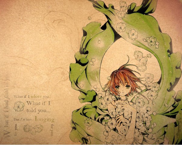 Anime picture 1280x1024 with tsubasa reservoir chronicle clamp sakura hime single short hair green hair orange hair girl flower (flowers)