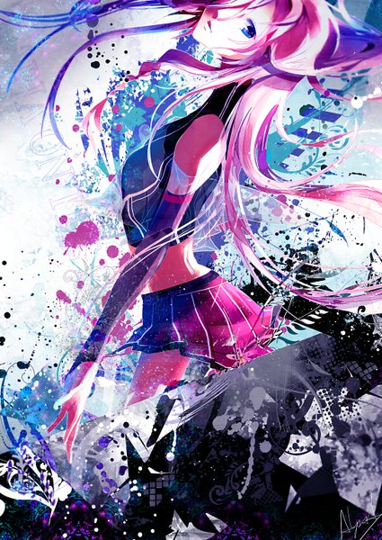 Anime picture 1000x1412 with vocaloid ia (vocaloid) alyssa single long hair tall image fringe breasts blue eyes standing pink hair pleated skirt lips alternate costume glow girl skirt miniskirt