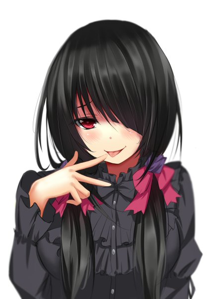 Anime picture 1000x1410 with date a live tokisaki kurumi qingchen single long hair tall image looking at viewer blush fringe black hair simple background smile red eyes white background twintails blurry hair over one eye wide sleeves finger to mouth :p