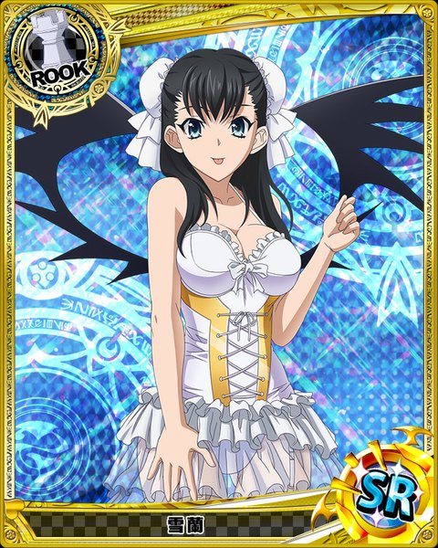 Anime picture 640x800 with highschool dxd xuelan single long hair tall image looking at viewer blue eyes black hair hair bun (hair buns) card (medium) girl dress wings tongue