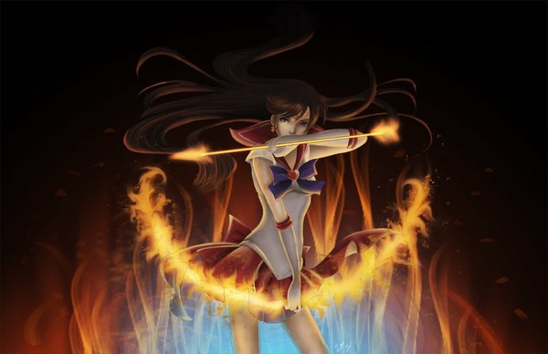 Anime picture 1024x663 with bishoujo senshi sailor moon toei animation hino rei sailor mars ayashiroi single long hair looking at viewer fringe breasts brown hair standing brown eyes glowing glowing weapon girl gloves bow weapon earrings