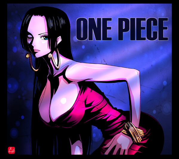 Anime picture 1280x1135 with one piece toei animation boa hancock chris re5 single long hair looking at viewer breasts blue eyes light erotic black hair simple background large breasts bare shoulders signed cleavage one eye closed lips leaning leaning forward