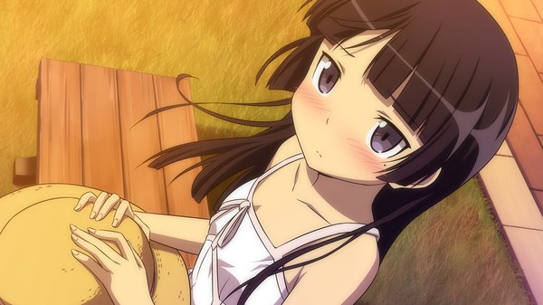 Anime picture 1280x720 with ore no imouto ga konna ni kawaii wake ga nai gokou ruri long hair looking at viewer blush black hair wide image purple eyes game cg girl dress hat sundress