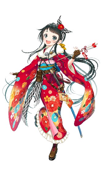 Anime-Bild 720x1250 mit formation of girls fubuki maya kamura poku single tall image looking at viewer blush open mouth black hair full body braid (braids) very long hair traditional clothes :d japanese clothes wide sleeves official art grey eyes fur trim floral print