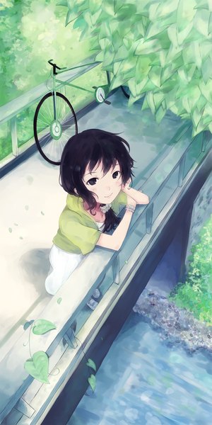 Anime picture 810x1620 with original shadow2810 single long hair tall image looking at viewer fringe black hair smile standing outdoors from above looking up girl plant (plants) tree (trees) bracelet ground vehicle bridge bicycle