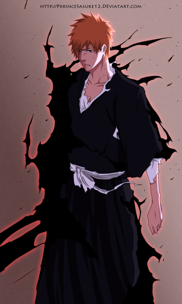 Anime picture 837x1396 with bleach studio pierrot kurosaki ichigo akira-12 single tall image short hair simple background brown eyes signed traditional clothes japanese clothes orange hair coloring torn clothes brown background boy belt kimono blood