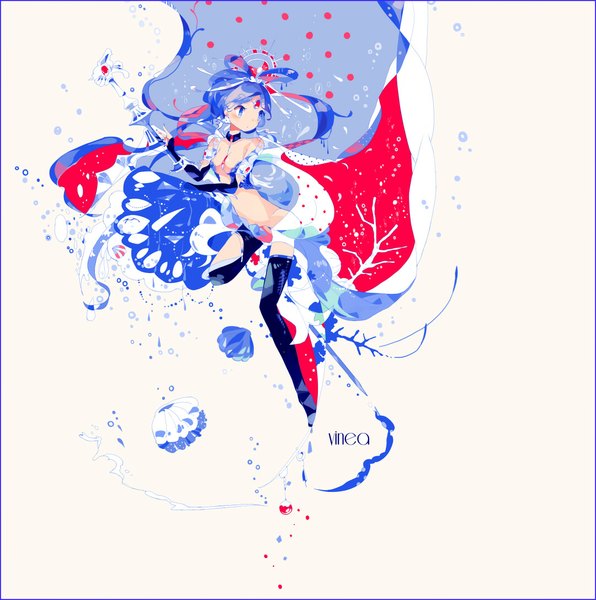 Anime picture 1080x1088 with magi the labyrinth of magic a-1 pictures ren kougyoku ameyashii single long hair tall image blue eyes light erotic simple background white background blue hair purple hair nail polish inscription midriff border monochrome underwater polka dot